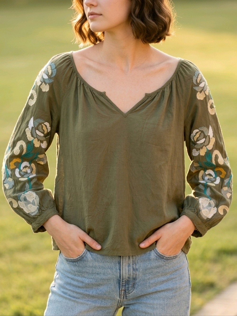 Solitaire Embroidered Olive Green Women's Top